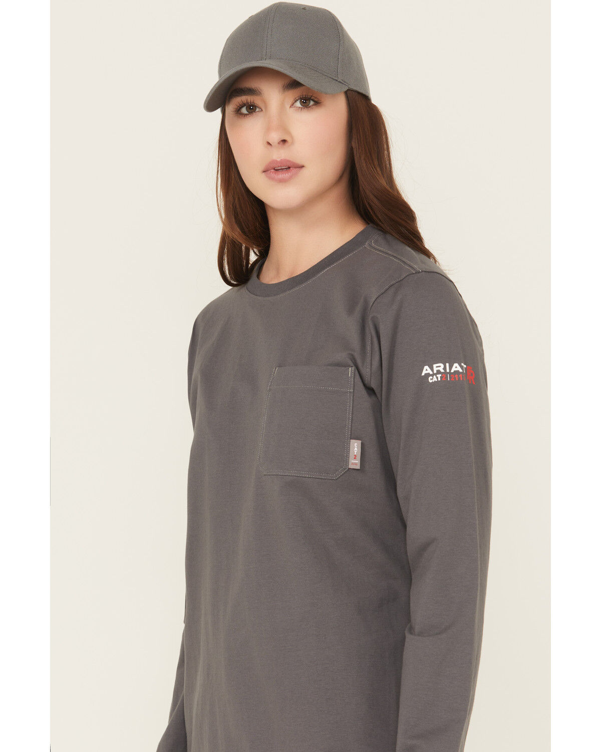 Image #2 - Ariat Women's FR Pima Stretch US Logo Baselayer Long Sleeve Work T-Shirt, Charcoal, hi-res