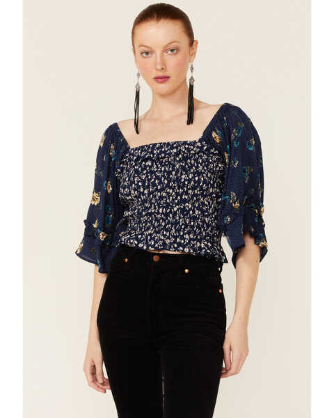 Angie Women's Navy Floral Print Smock Bodice Bell Sleeve Top, Navy, hi-res