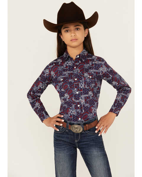 Rough Stock by Panhandle Girls' Bandana Print Long Sleeve Pearl Snap Western Shirt, Navy, hi-res