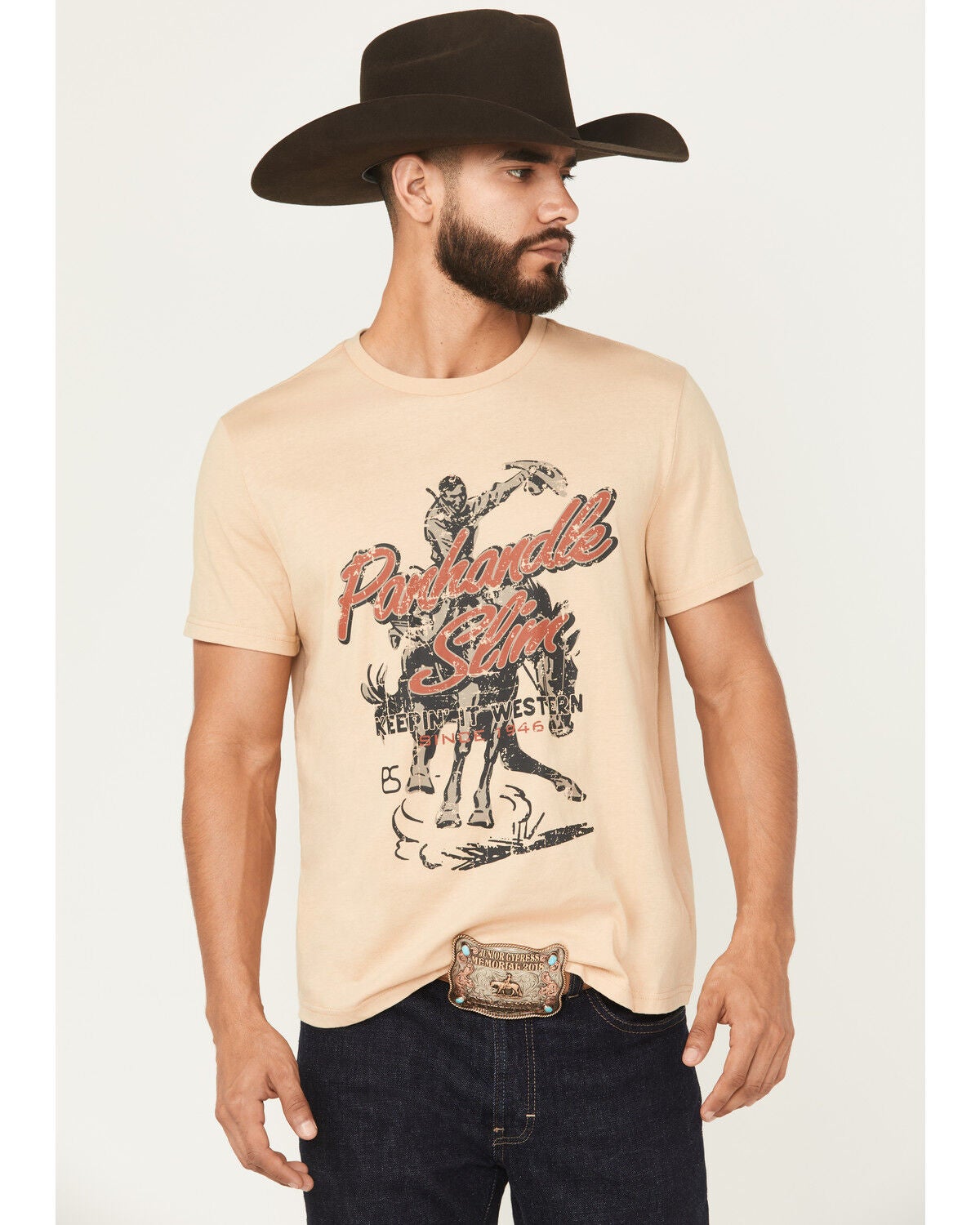 Panhandle Men's Cowboy Short Sleeve Graphic T-Shirt, Tan, hi-res