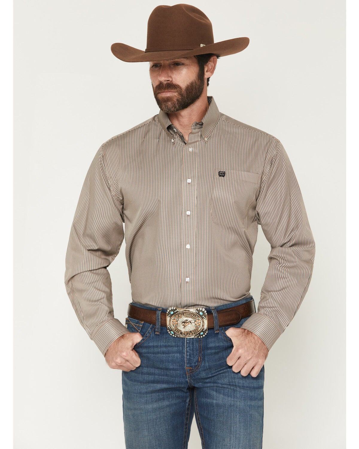 Cinch Men's Striped Print Tencel Long Sleeve Button-Down Western Shirt, Brown, hi-res