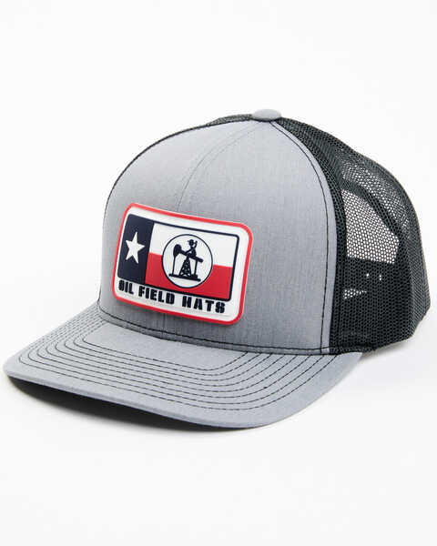 Image #1 - Oil Field Hats Men's Texas Flag Pump Jack Logo Rubber Patch Mesh Back Ball Cap , Grey, hi-res