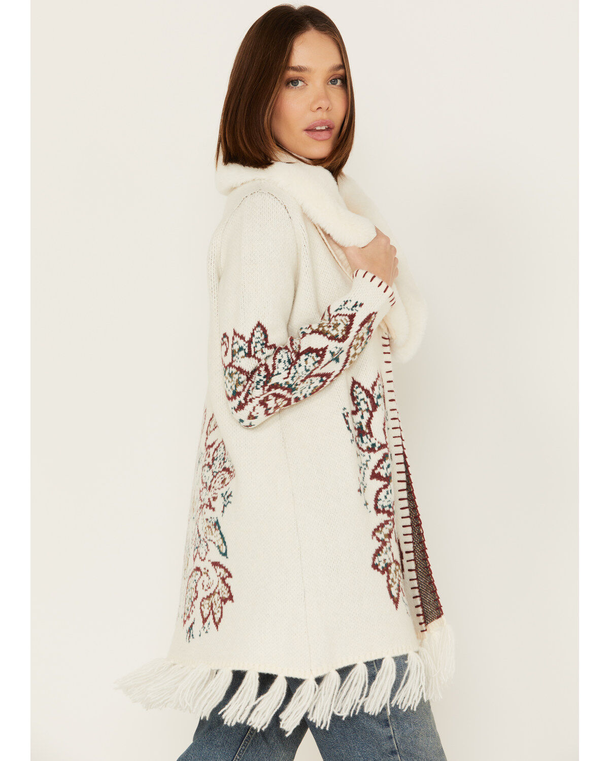 Image #2 - Shyanne Women's Paisley Knit Fringe & Faux Fur Cardigan , , hi-res