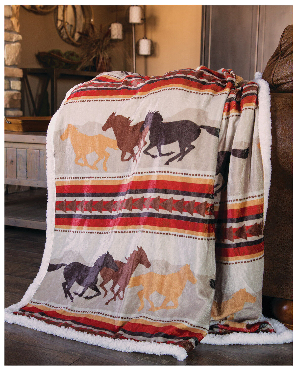 Image #1 - Carstens Home Wrangler Running Horse Country Sherpa Fleece Throw Blanket, Multi, hi-res