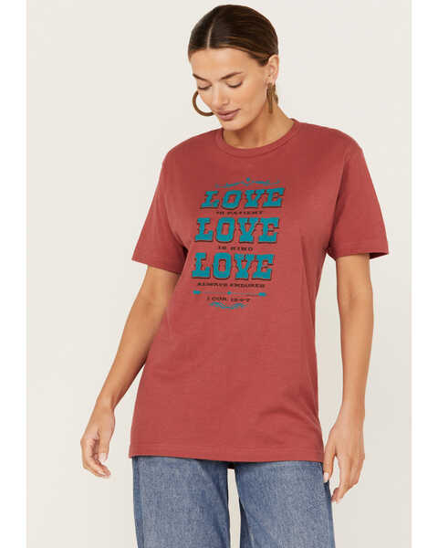 Kerusso Women's Love Love Love Short Sleeve Graphic Tee, Rust Copper, hi-res