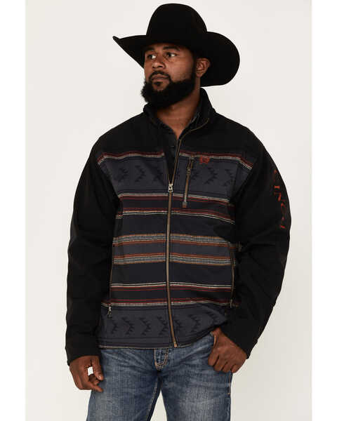Cinch Men's Southwestern Color-Block Striped Logo Zip-Front Softshell CC Jacket , Black, hi-res