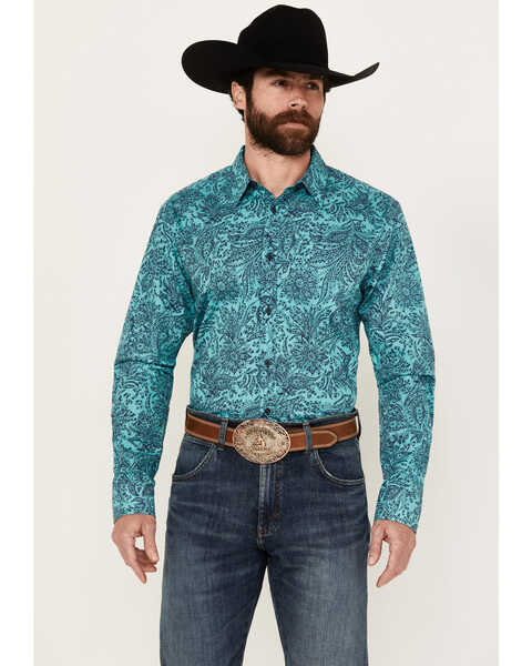 Gibson Men's Even Flow Paisley Print Long Sleeve Button-Down Western Shirt, Turquoise, hi-res
