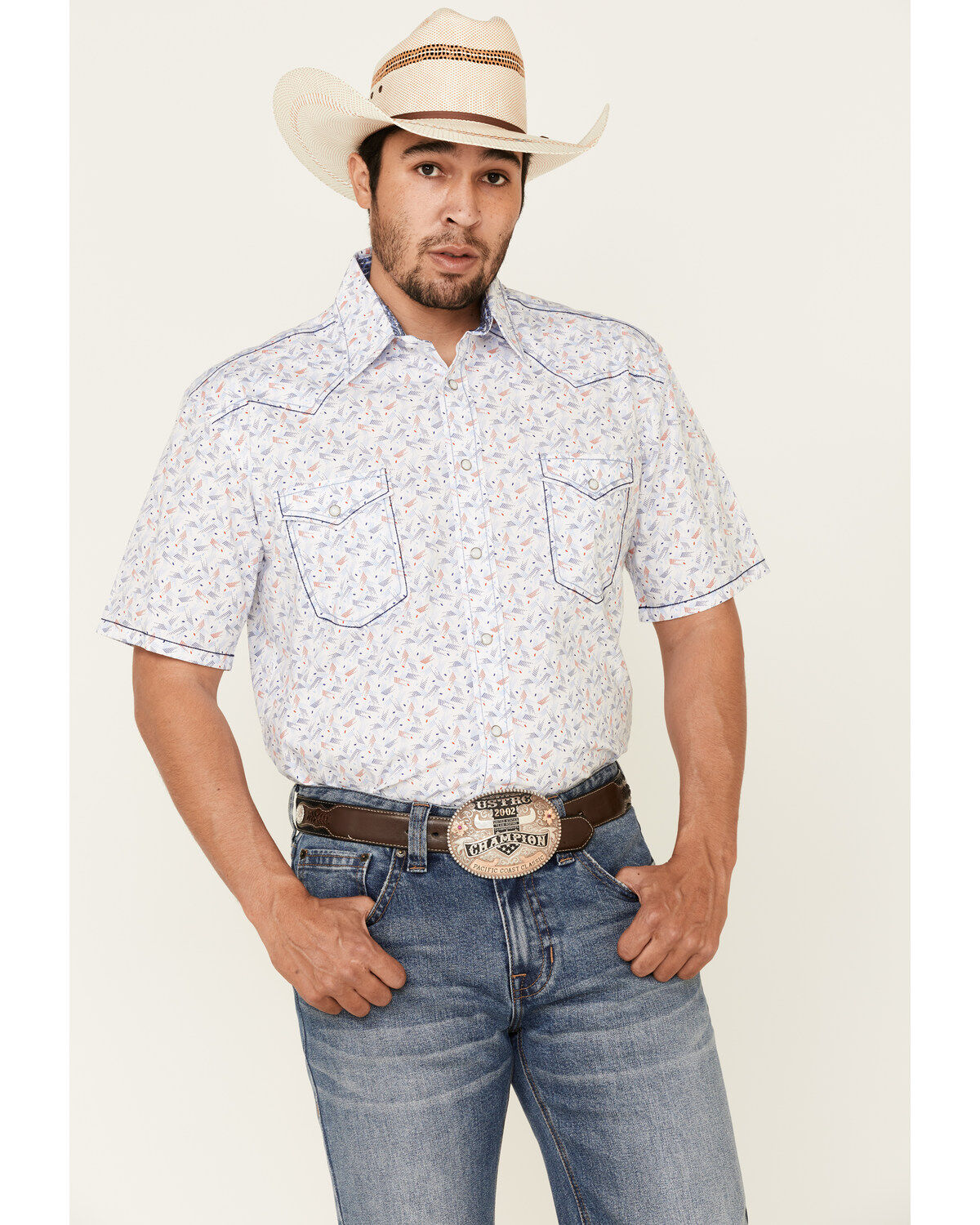 Image #1 - Rough Stock By Panhandle Royal Americana Print Short Sleeve Western Shirt, Royal Blue, hi-res