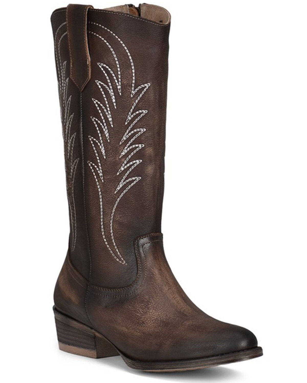 Circle G Women's Tobacco Embroidery Zip Leather Western Boot - Round Toe, Dark Brown, hi-res
