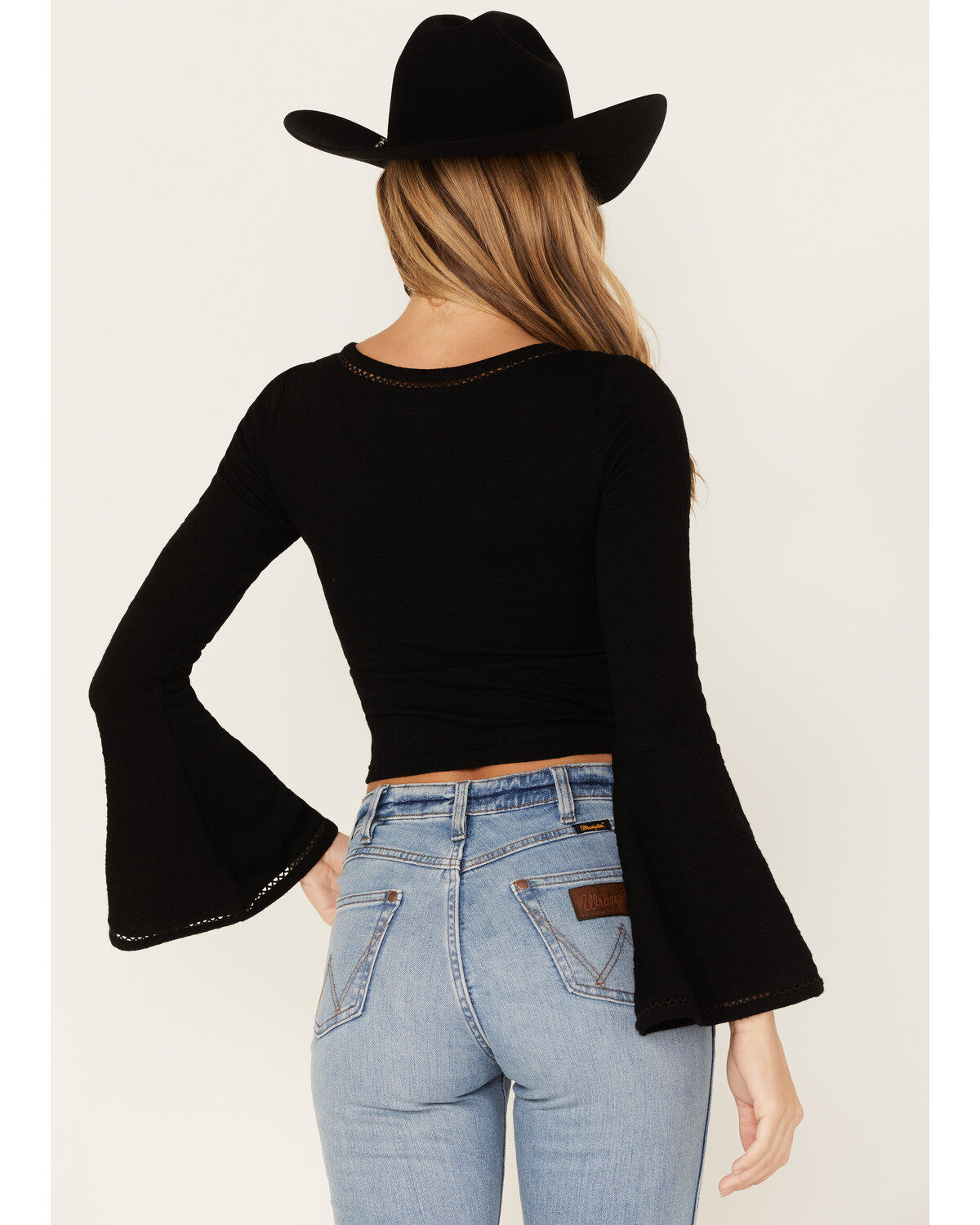 Image #4 - Shyanne Women's Deep V-Neck Bell Sleeve Crop Top, Black, hi-res