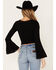 Shyanne Women's Deep V-Neck Bell Sleeve Crop Top, Black, hi-res