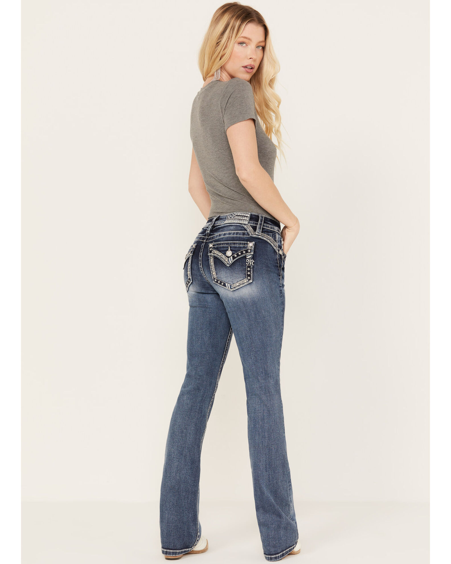 Miss Me Women s Low Rise Dark Wash Tonal Americana Border Bootcut Jeans
