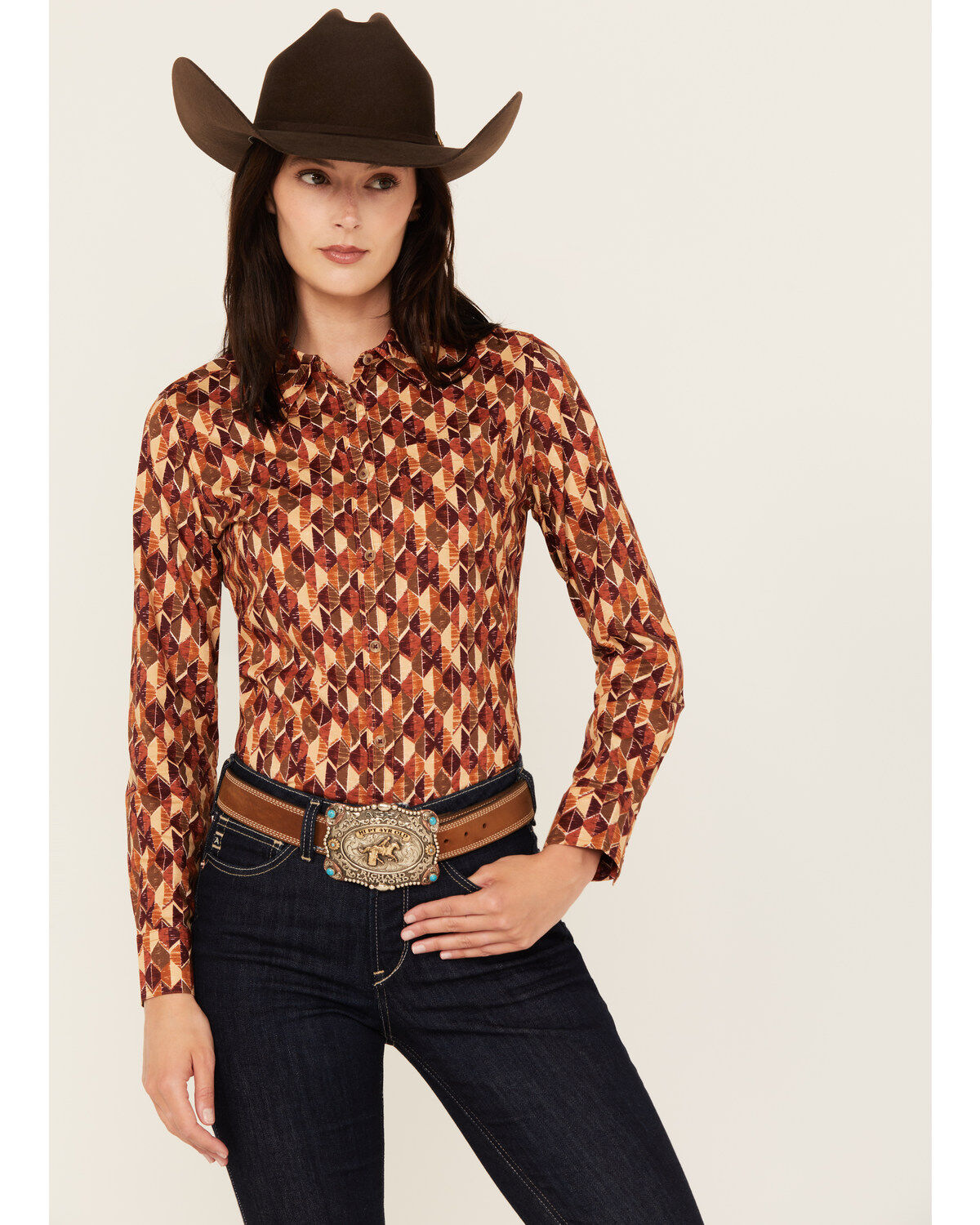 Image #1 - Shyanne Women's Diamond Printed Long Sleeve Button-Down Stretch Western Riding Shirt, Caramel, hi-res