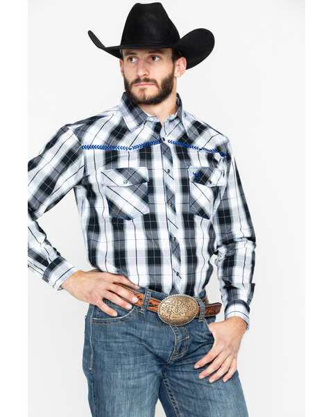 Cowboy Hardware Men's Block Plaid Print Long Sleeve Snap Western Shirt , Black, hi-res