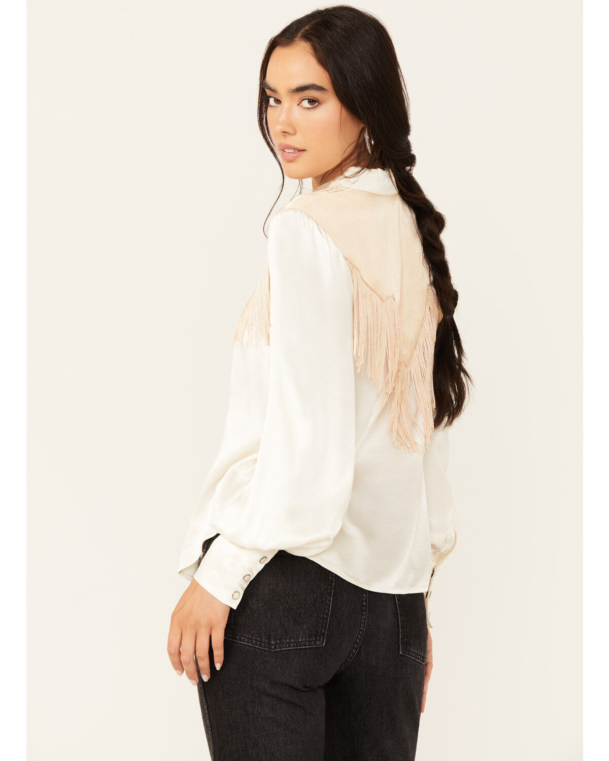 Image #4 - Shyanne Women's Color Block Western Fringe Blouse, Cream, hi-res