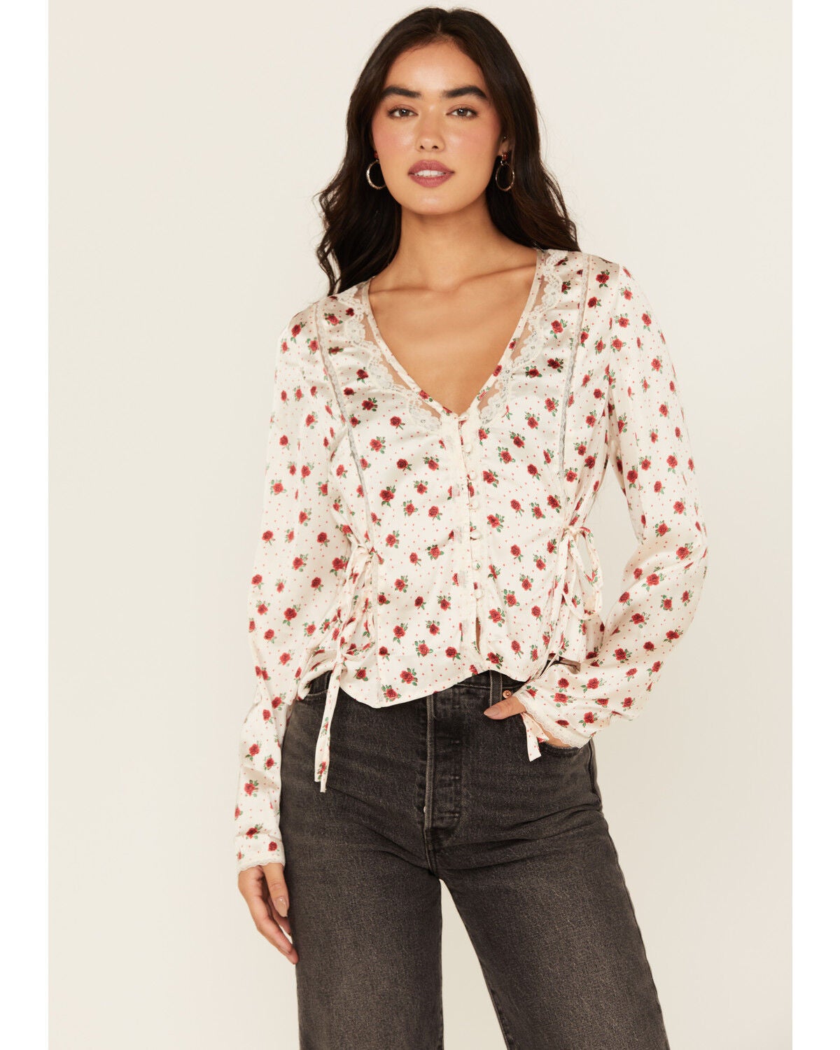 Free People Women's Field of Roses Long Sleeve Top, Ivory, hi-res