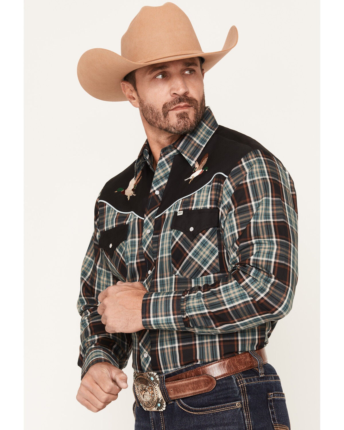 Image #2 - Ely Walker Men's Duck Embroidered Plaid Print Long Sleeve Pearl Snap Western Shirt, Black, hi-res