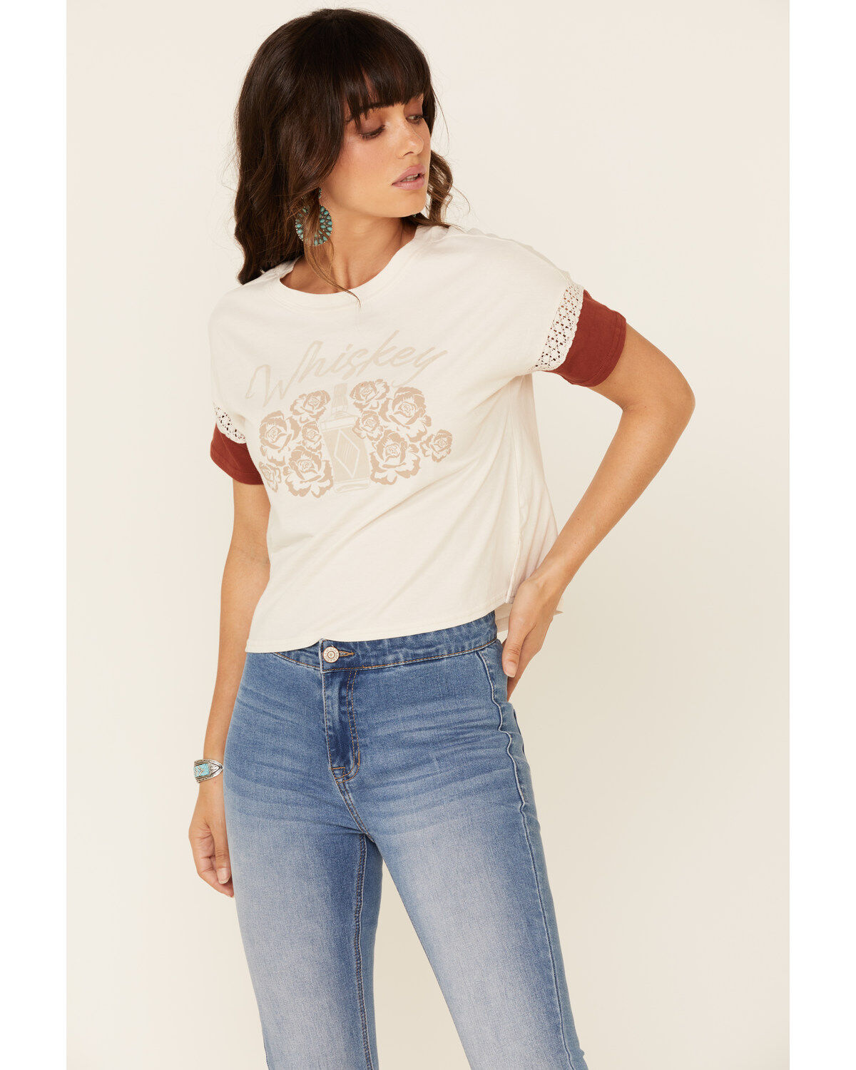 Image #1 - Shyanne Women's Sand Whiskey Lace Inset Graphic Tee, Sand, hi-res