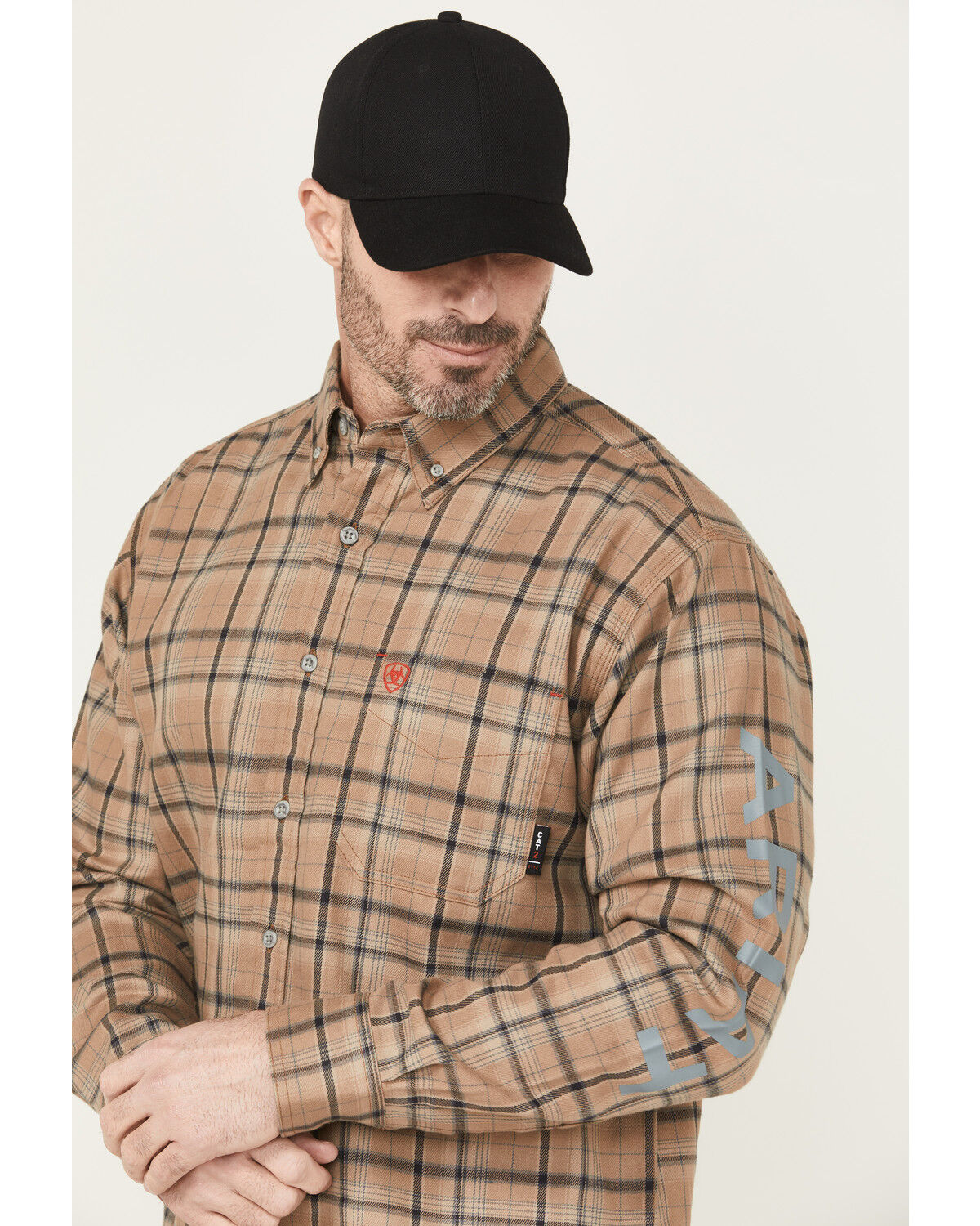 Image #2 - Ariat Men's FR Dean Plaid Print Long Sleeve Button-Down Work Shirt, Khaki, hi-res