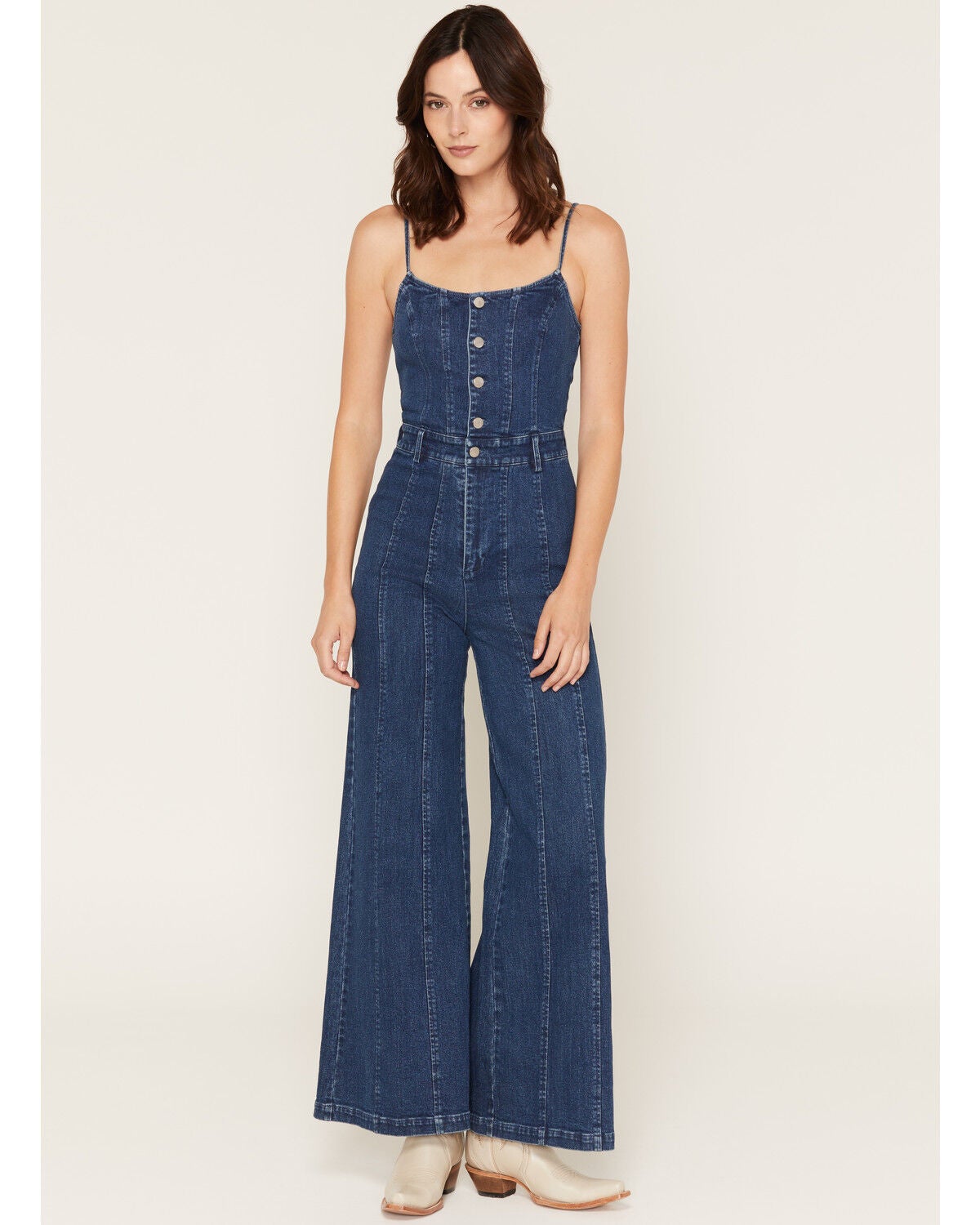 Flying Tomato Women's Dark Wash Sleeveless Seamed Button-Front Denim Jumpsuit, Dark Wash, hi-res