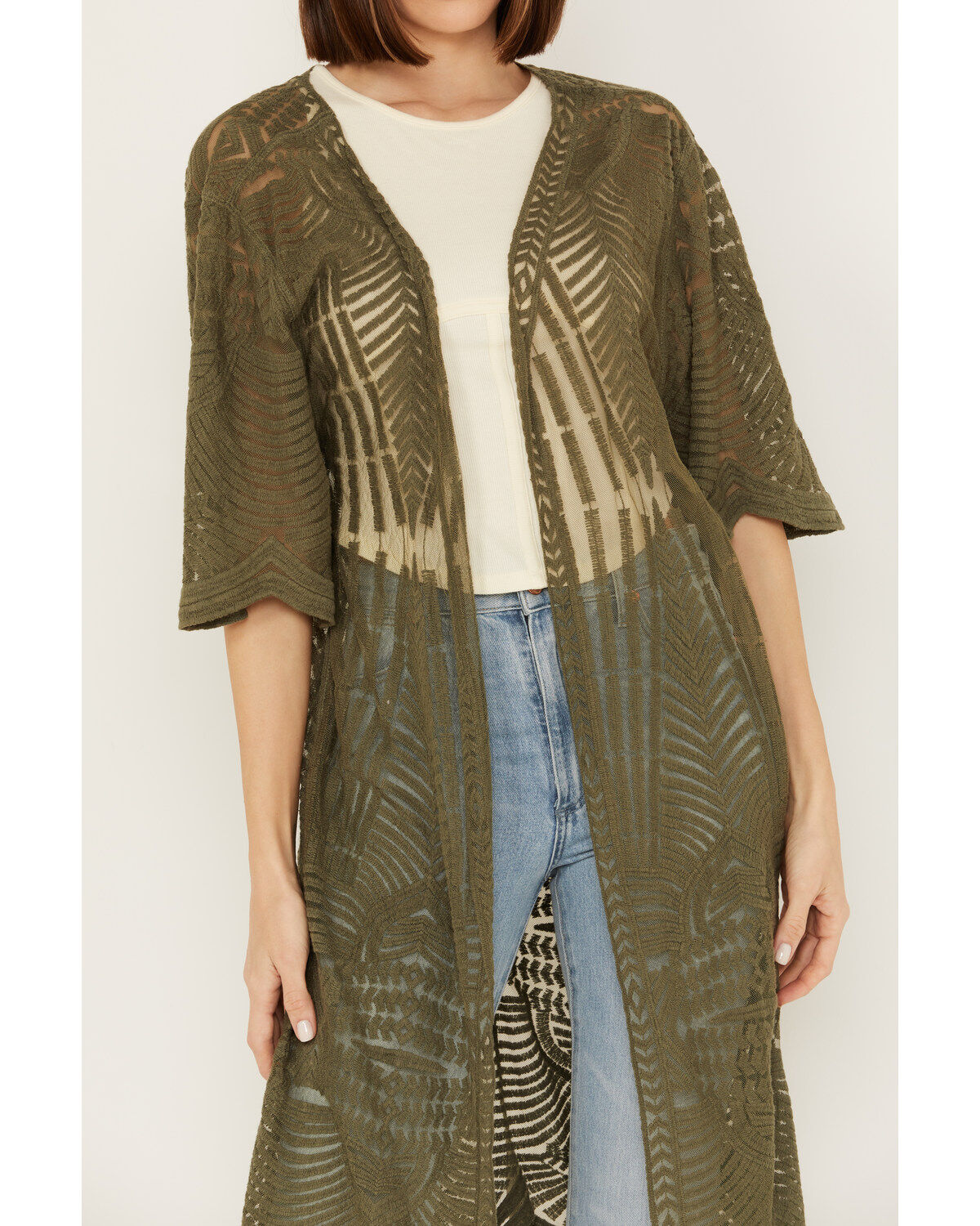 Image #3 - Shyanne Women's Geo Print Lace Short Sleeve Kimono, Olive, hi-res