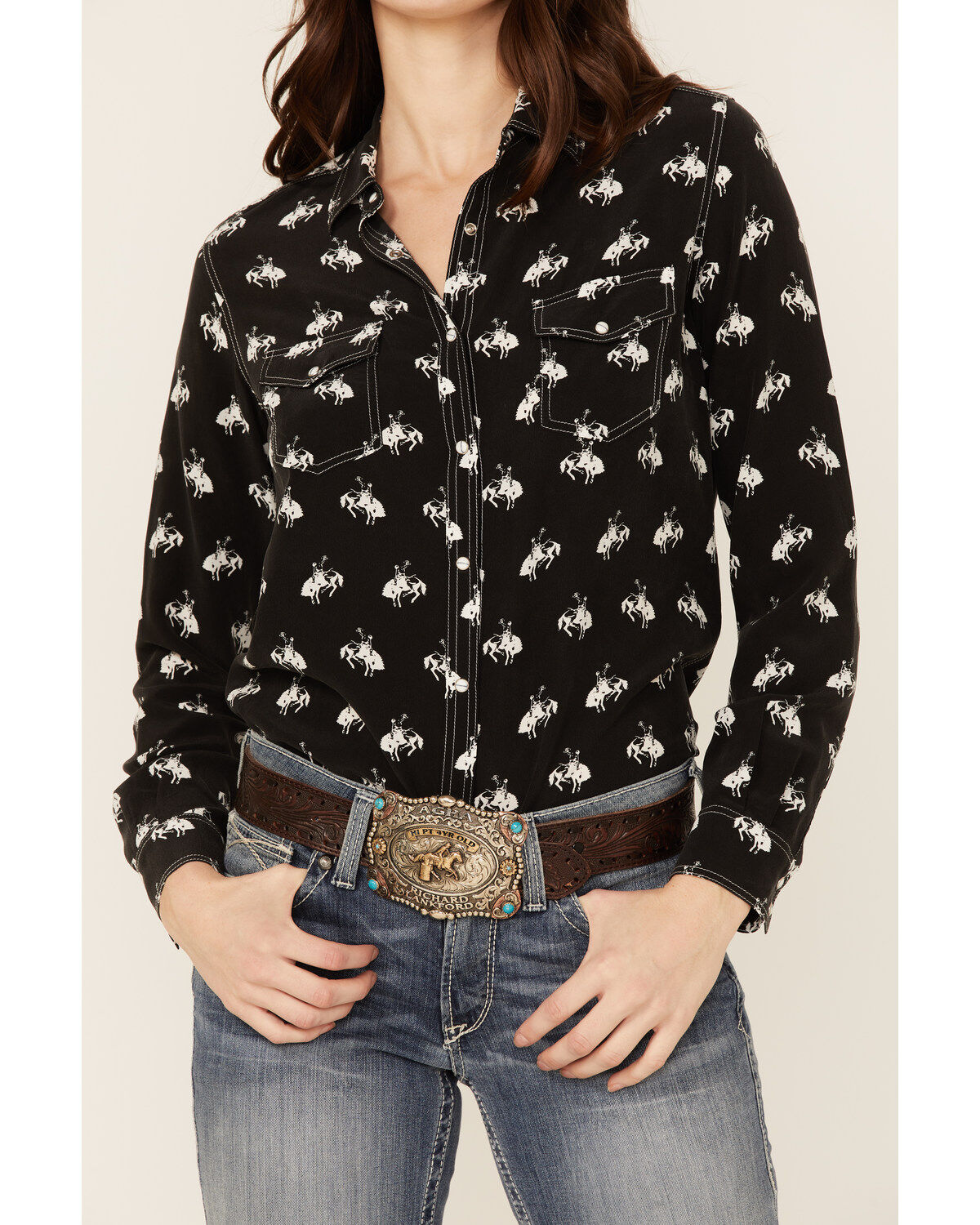 Image #2 - RRR Women's Bucking Horse Print Long Sleeve Snap Western Shirt, Black, hi-res