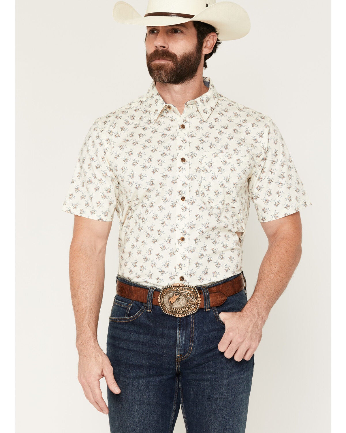 Cody James Men's Off Chute Floral Print Short Sleeve Button-Down Stretch Western Shirt, Cream, hi-res