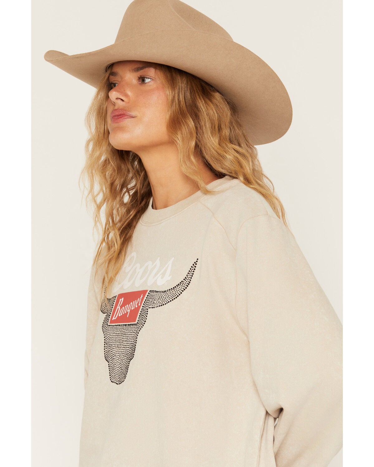 Image #2 - Coors Women's Rhinestone Steer Head Crew Neck Sweatshirt, Tan, hi-res