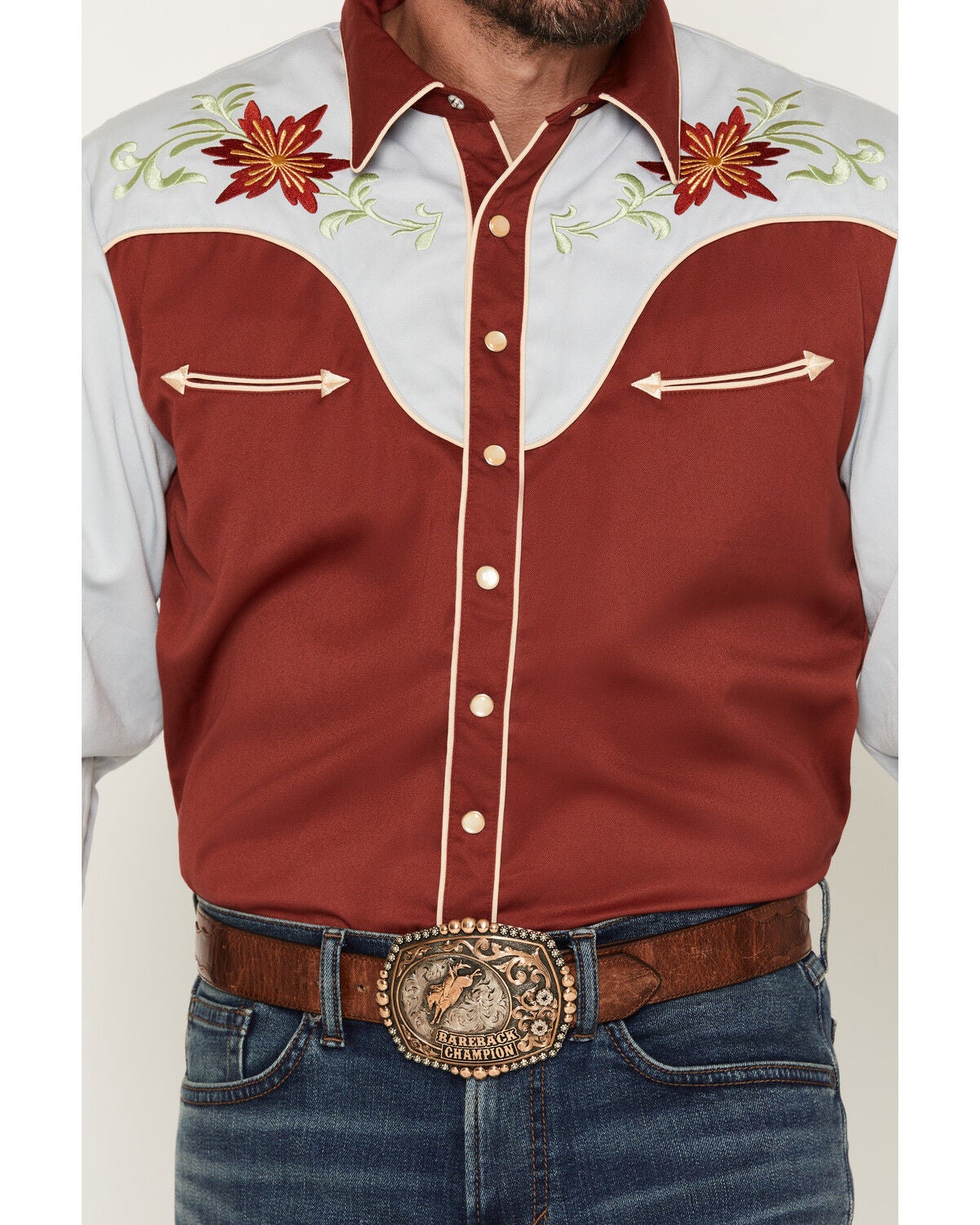 Image #3 - Scully Men's Floral Embroidered Long Sleeve Snap Western Shirt, Mauve, hi-res