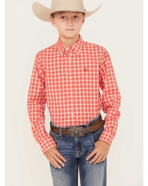 Ariat Boys' Oberon Plaid Print Classic Fit Long Sleeve Button Down Western Shirt, Red, hi-res