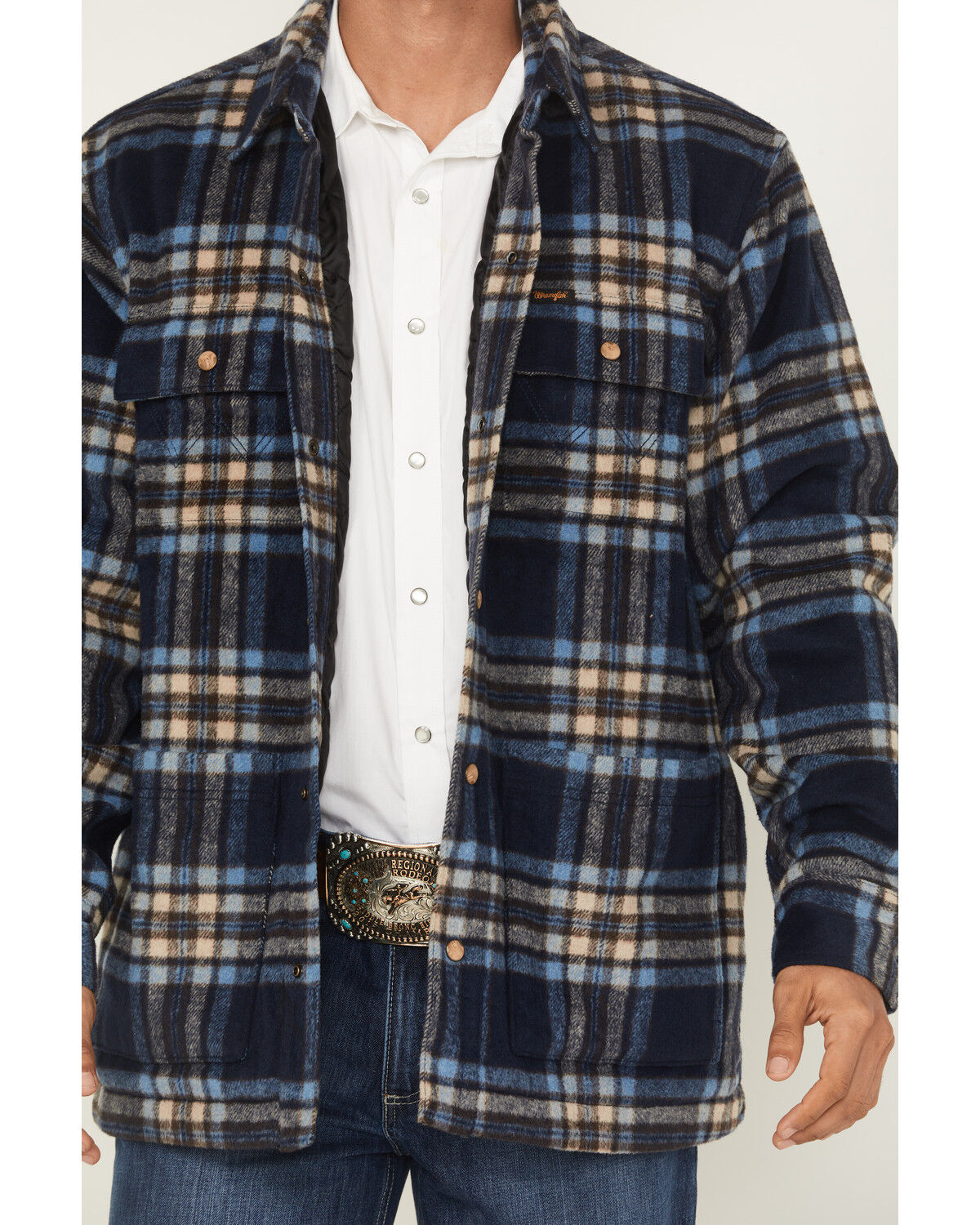 Image #3 - Wrangler Men's Plaid Print Quilt Lined Snap Shirt Jacket, Navy, hi-res