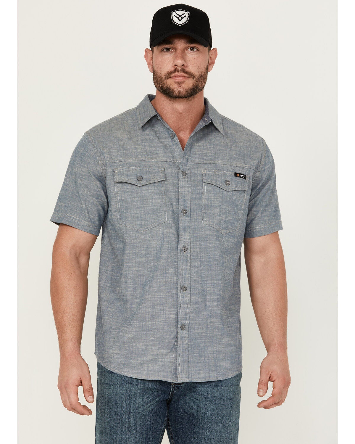 Hawx Men's Chambray Short Sleeve Button-Down Stretch Work Shirt - Tall, Blue, hi-res