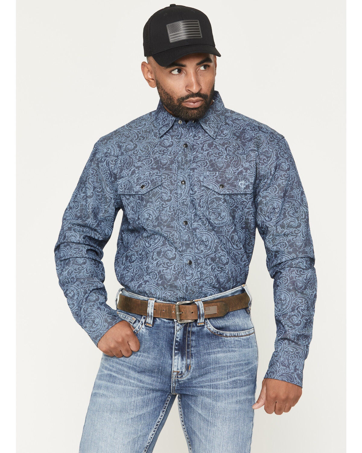 Cody James Men's FR Denim Paisley Long Sleeve Snap Shirt, Indigo, hi-res