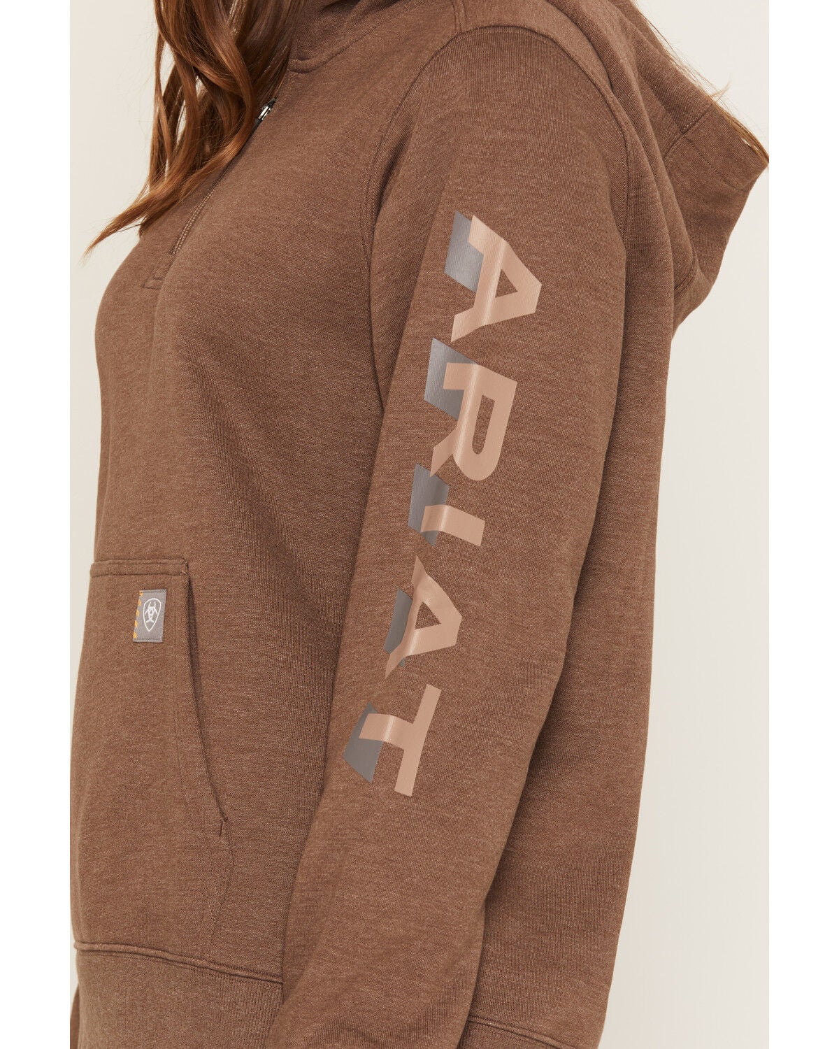 Image #3 - Ariat Women's Rebar Lightweight Logo 1/2 Zip Hooded Pullover, Brown, hi-res