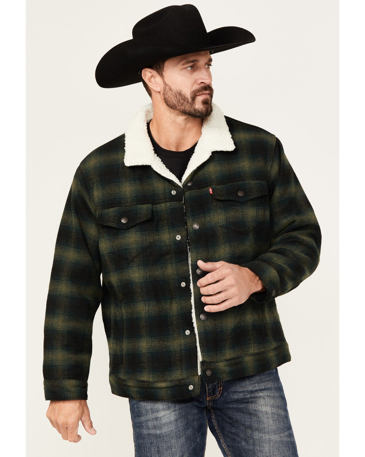 Levi's Men's Plaid Print Relaxed Sherpa Trucker Jacket, Dark Green, hi-res