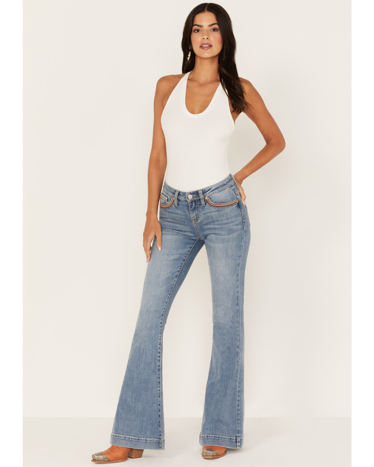 Image #3 - Shyanne Women's Chevron Embroidered Light Wash Mid Rise Flare Jeans, , hi-res