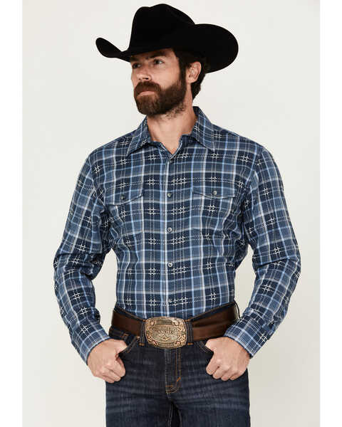 Wrangler Retro Men's Premium Plaid Print Long Sleeve Button-Down Western Shirt, Blue, hi-res