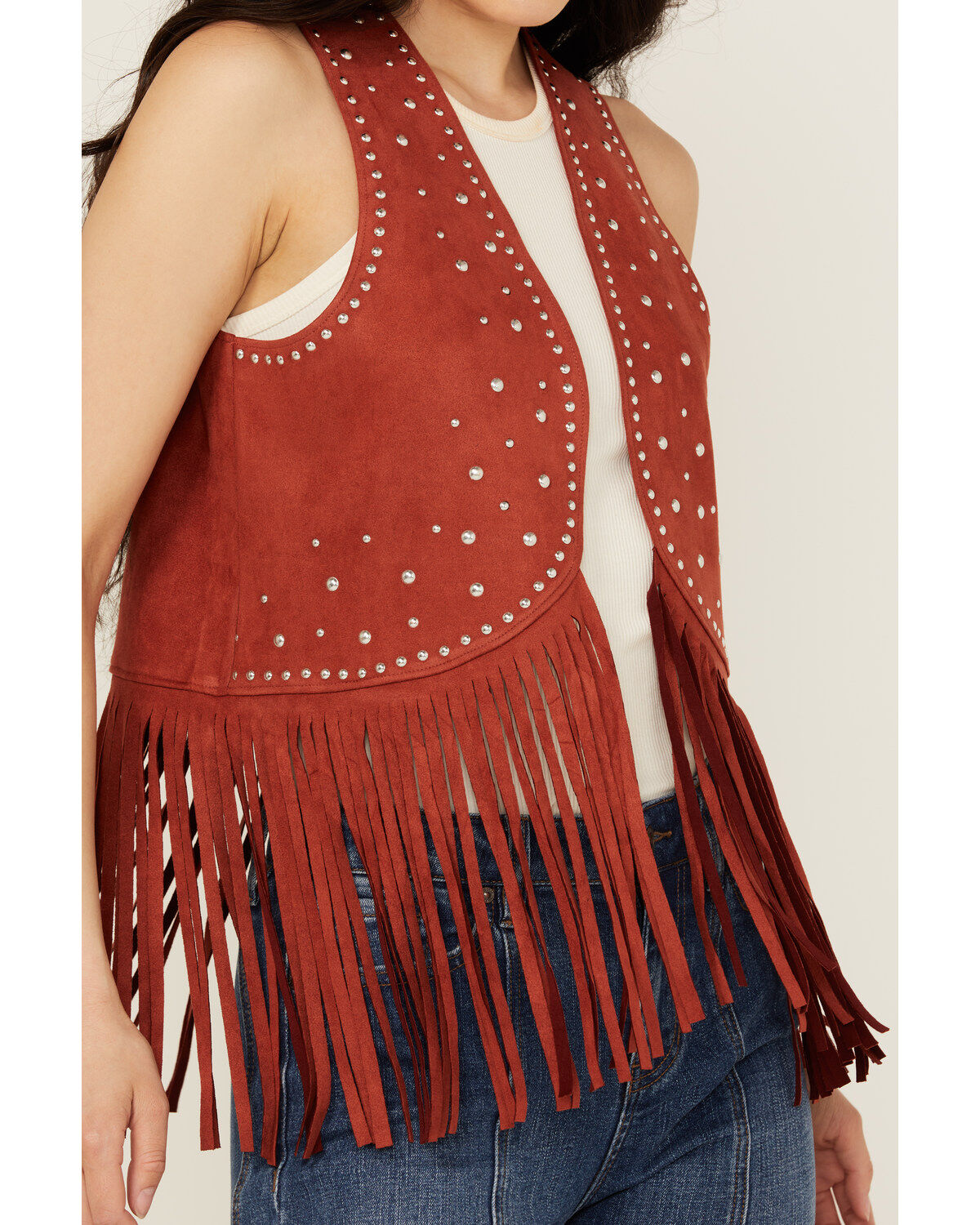 Image #3 - Rock & Roll Denim Women's Faux Suede Studded Fringe Vest, Rust Copper, hi-res