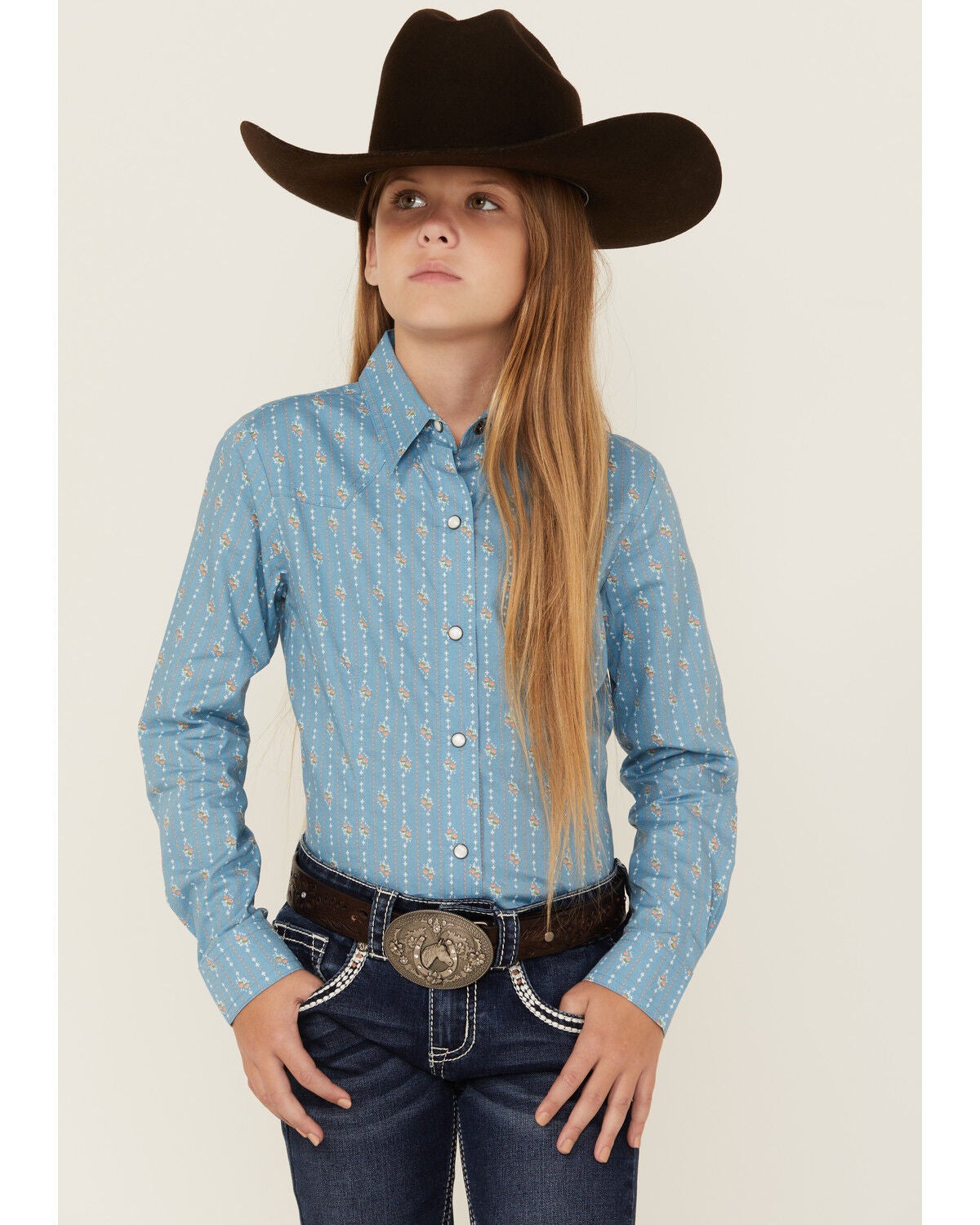 Cruel Girl Girls' Floral Striped Long Sleeve Snap Western Shirt, Light Blue, hi-res