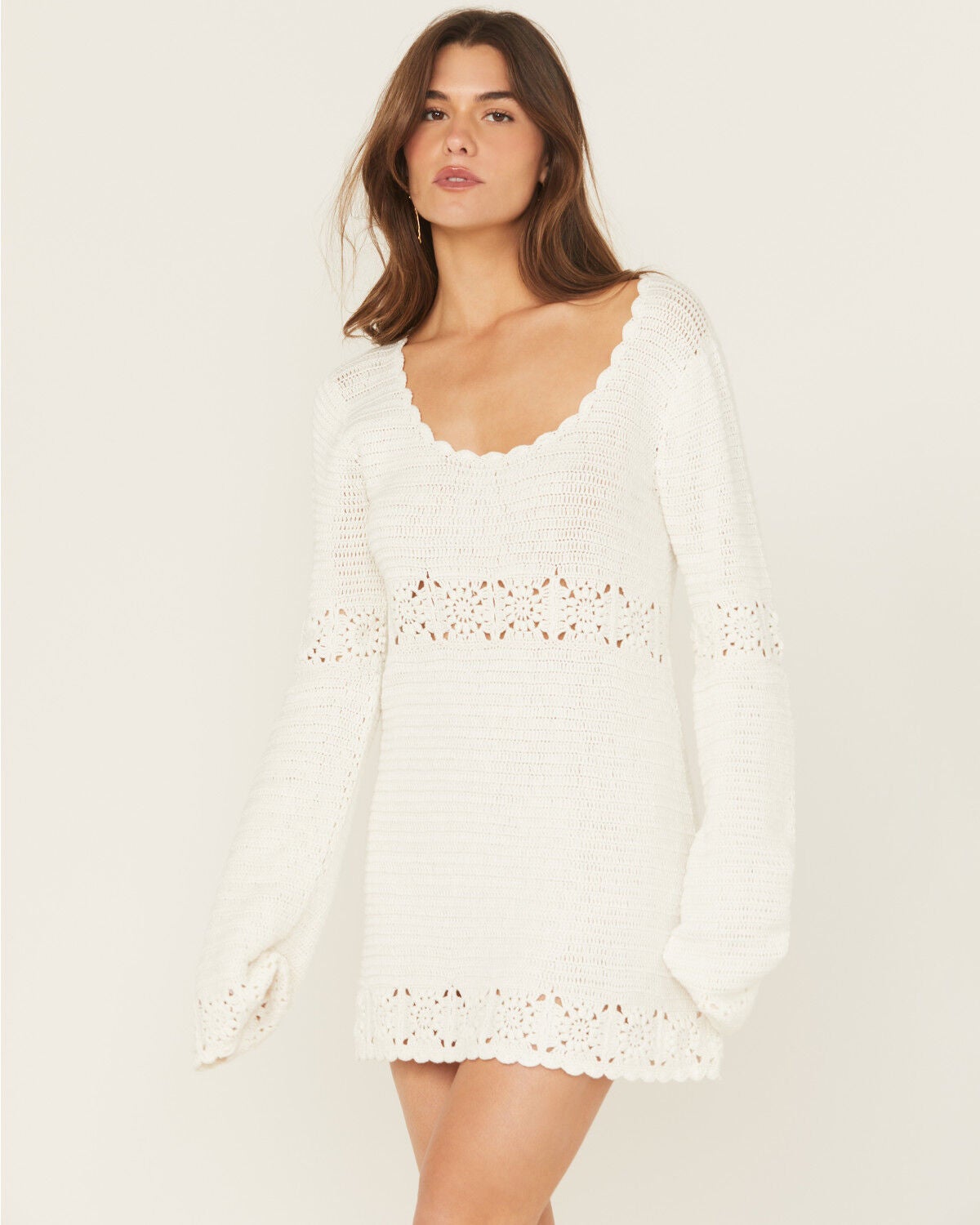Image #1 - Show Me Your Mumu Women's Jet Lag Long Sleeve Crochet Mini Dress, White, hi-res