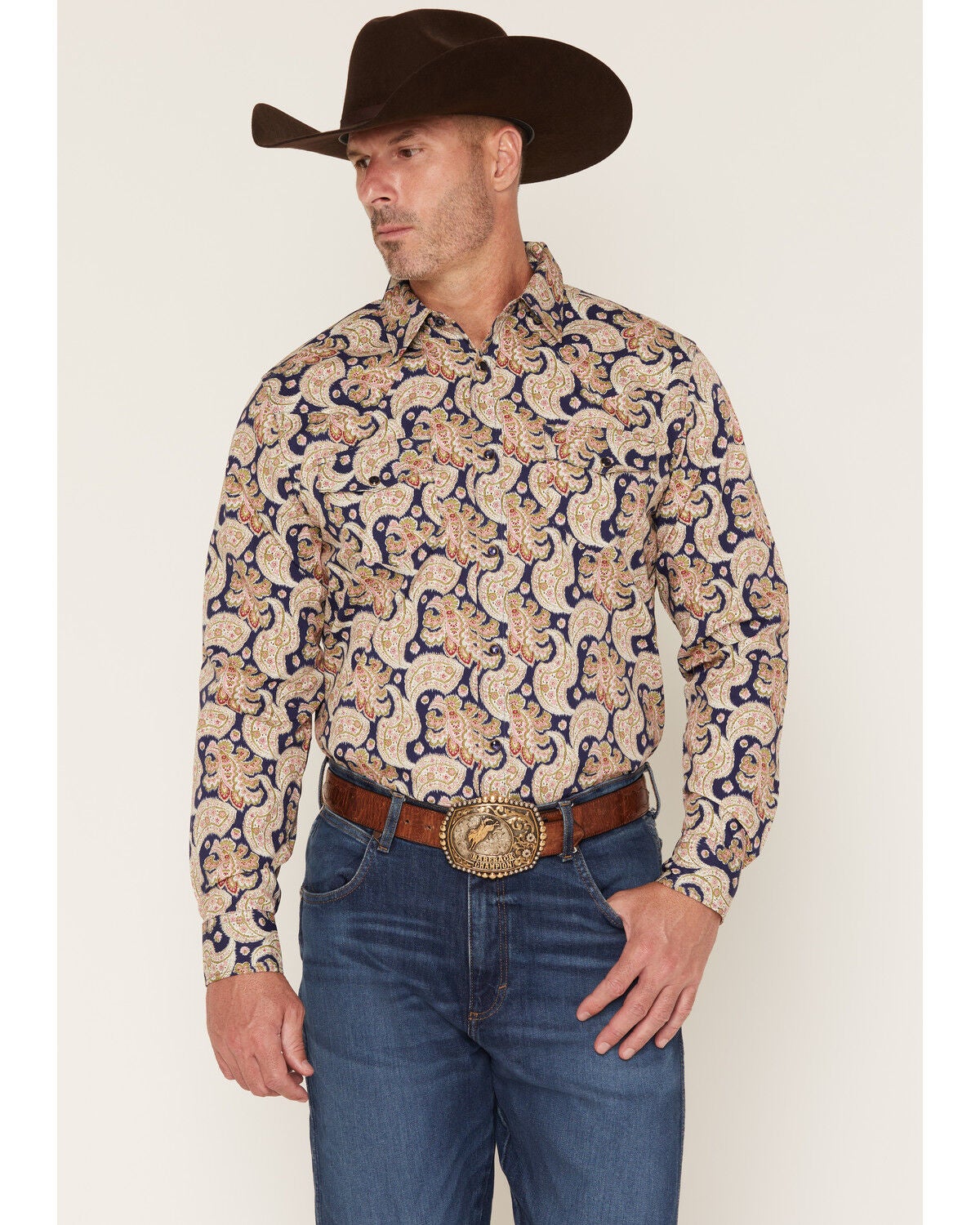 Gibson Trading Co Men's Take Me Back Paisley Print Long Sleeve Snap Western Shirt, Navy, hi-res