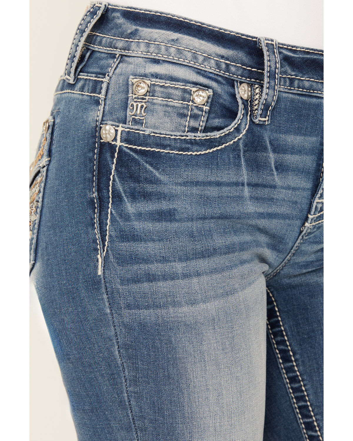 Product Name:  Miss Me Women's Medium Wash Mid Rise Wing Pocket Bootcut Stretch Denim Jeans