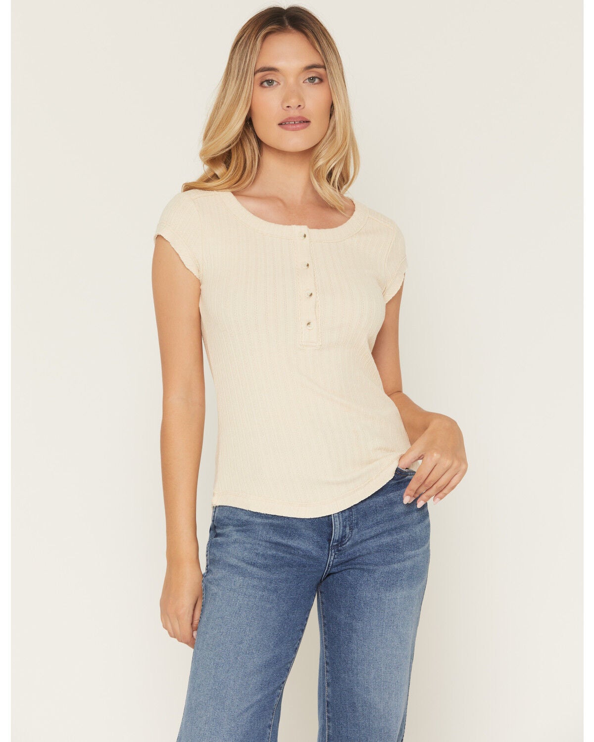 Shyanne Women's Solid Short Sleeve 1/4 Button-Down Shirt, Oatmeal, hi-res