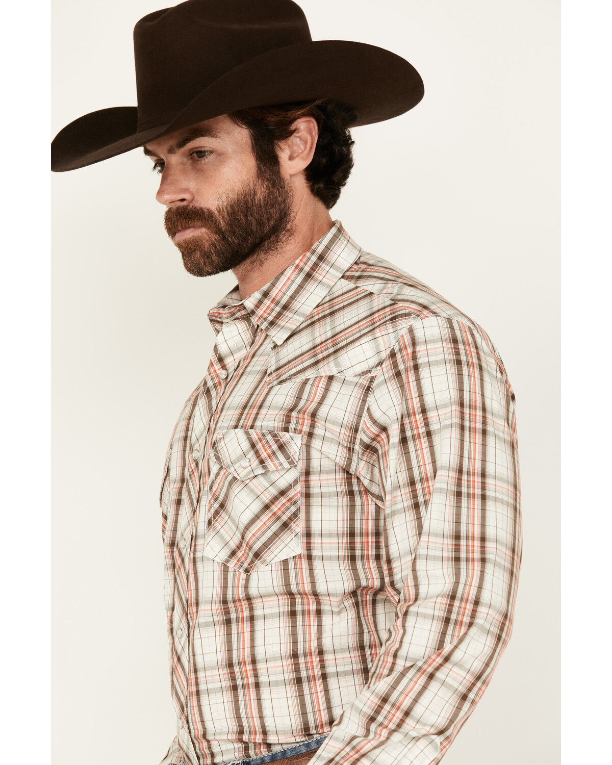 Image #2 - Wrangler 20X Men's Plaid Print Long Sleeve Snap Stretch Western Shirt, Brown, hi-res