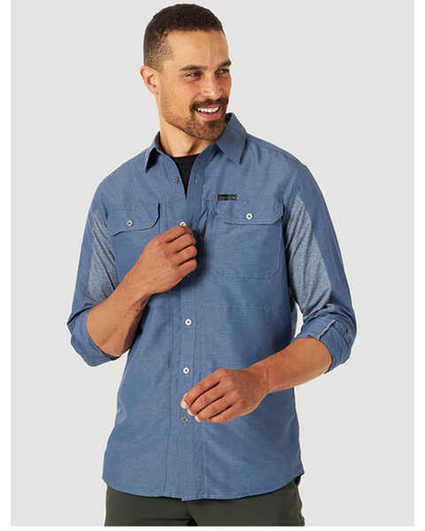 Wrangler ATG Men's All-Terrain Mix Material Long Sleeve Button Down Western Shirt , Navy, hi-res
