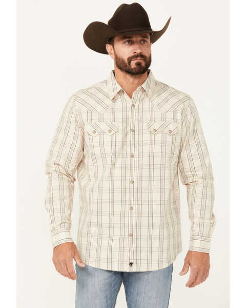 Moonshine Spirit Men's Rhythm Plaid Print Long Sleeve Snap Western Shirt, Ivory, hi-res