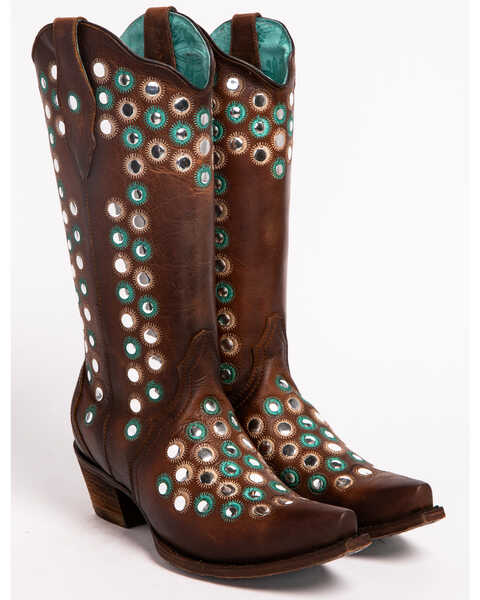 Image #4 - Corral Women's Brown Studded Embroidered Western Boots - Snip Toe, , hi-res