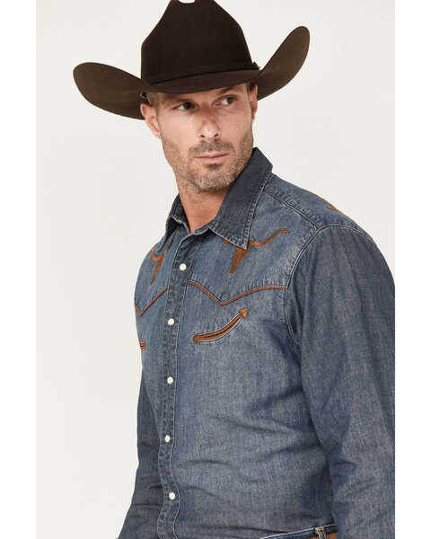 Roper Men's Longhorn Embroidered Long Sleeve Snap Denim Western Shirt, Blue, hi-res