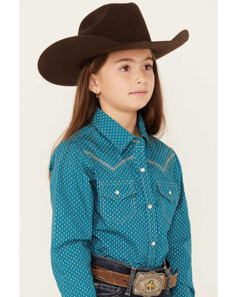 Image #2 - Ely Walker Girls' Southwestern Print Long Sleeve Pearl Snap Western Shirt, Teal, hi-res