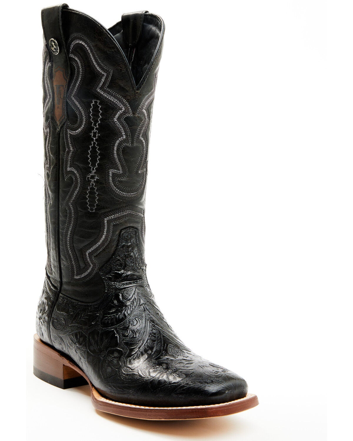 Tanner Mark Women's Mendocino Tooled Western Boots - Broad Square Toe, Black, hi-res